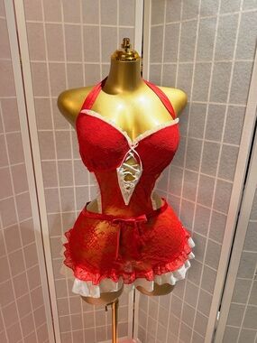 Victoria's Secret Red Lace Halter Chemise with White Ruffle Trim